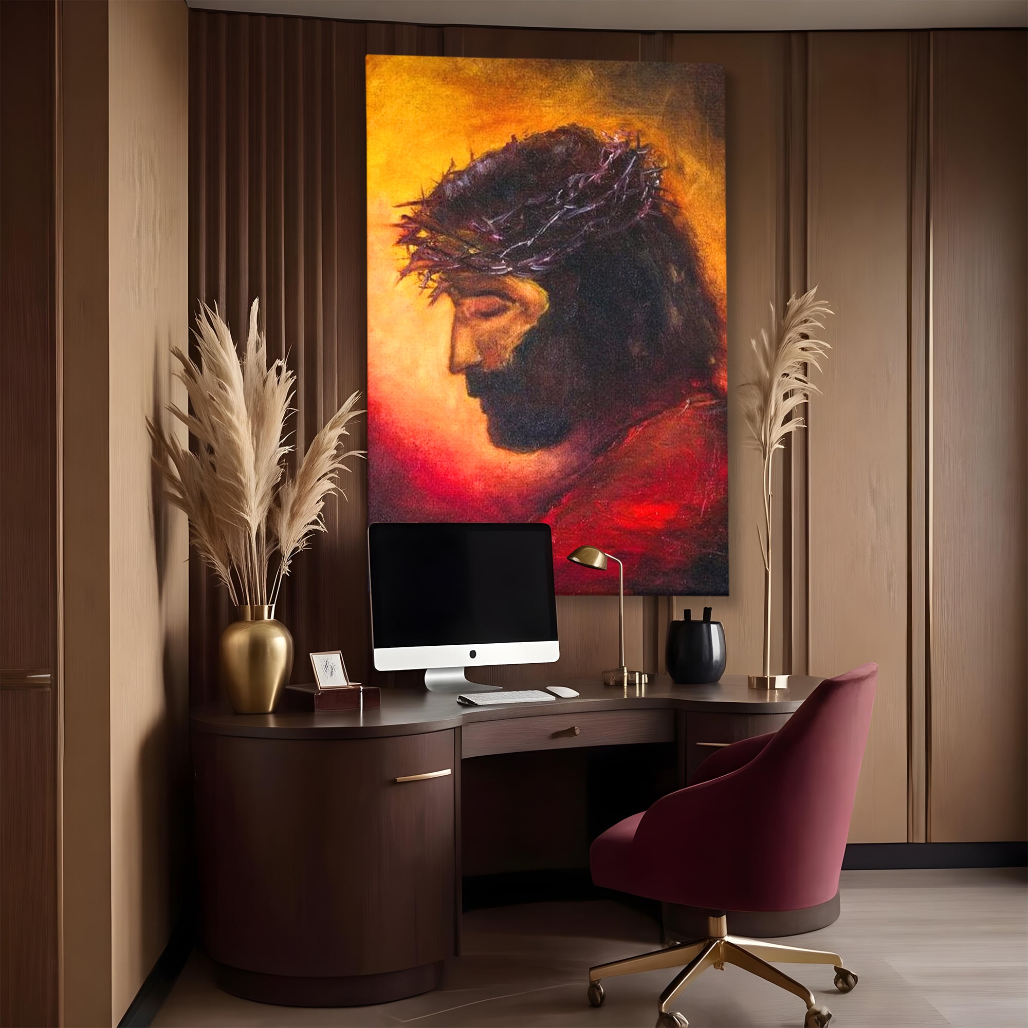 Tablou canvas cu tablou canvas cu isus purtand coroana, fara rama, pe sasiu de lemn, pe perete intr-un birou